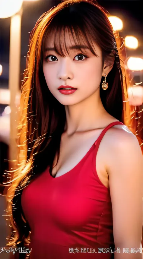 top-quality。８K-Picture。Ultra-high pixel。The background is the city at night。girl with。hair is long and slightly wavy,,,,,,,,,,,,,,,,,,,,,,,,,,,,,,,,,,,,,,,,,,,,,,,,,,,,。The color is dark brown。Glamour style、((huge-breasted：1.8))。wearing red dress、Photos da...