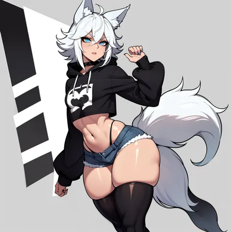 Single boy, Anime Femboy, Short, Long white hair, wolf ears, wolf tail, blue eyes, wearing jean short shorts, thigh high socks, black combat boots, wearing cropped black hoodie, flat chest, super flat chest, solo femboy, only one femboy ((FLAT CHEST)), wid...