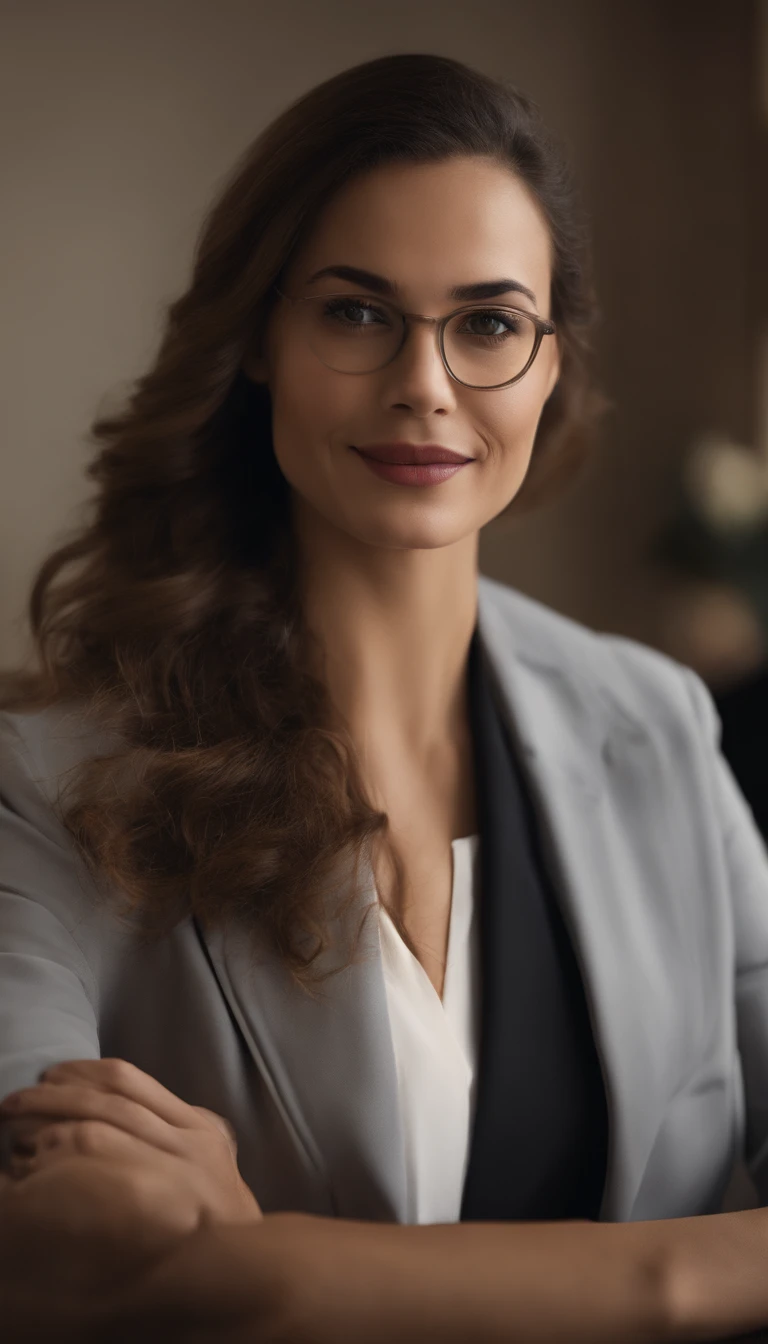 Very beautiful young lawyer smiling in a cold lit office room, alto contraste, lente canon 35mm, imagem muito realista, obra prima da fotografia, Complex and detailed rendering