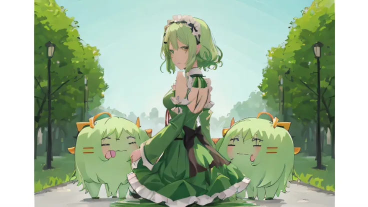 anime girl in green dress standing in front of green tree, shirabii, anime visuals of cute girls, iwakura lain, today's featured...