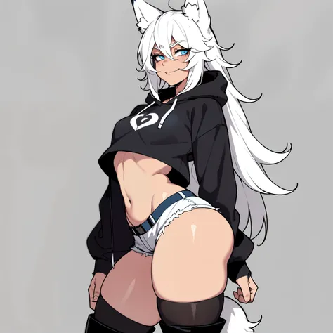 Single boy, Anime Femboy, Short, Long white hair, wolf ears, wolf tail, blue eyes, wearing jean short shorts, thigh high socks, black combat boots, wearing cropped black hoodie, flat chest, super flat chest, solo femboy, only one femboy ((FLAT CHEST)), wid...