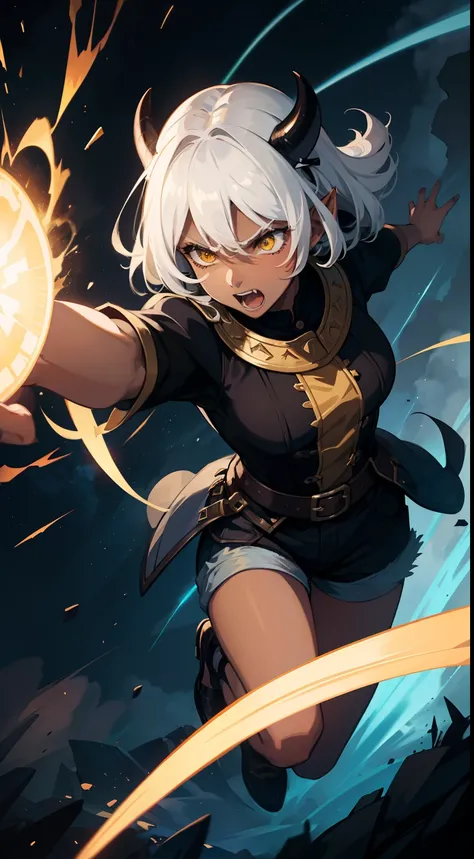 1woman,30s,solo,angry face,smile,open mouth,((dark skin)),Short hair,White hair,yellow eyes,elves ears,shorts black horns,thunder,night, attacking with blue lightnings, black outfit,running