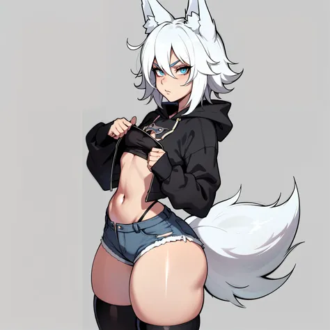 Single boy, Anime Femboy, Short, Long white hair, wolf ears, wolf tail, blue eyes, wearing jean short shorts, thigh high socks, black combat boots, wearing cropped black hoodie, flat chest, super flat chest, solo femboy, only one femboy ((FLAT CHEST)), wid...