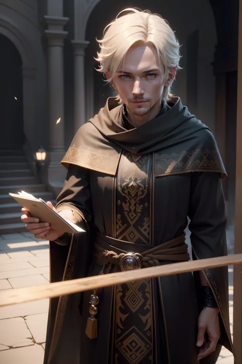 Male human sorcerer, blonde hair, black robe with silver edging, confident, friendly, handsome, man, pristine, rpg, hi res, 4k, 8k, 16k, ultrahd, realisitic, photon mapping, radiosity, cinematic lighting, sharp focus, best quality, volumetric lighting, vol...