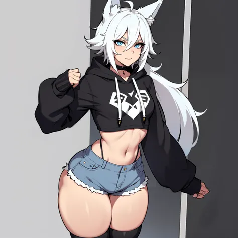 Single boy, Anime Femboy, Short, Long white hair, wolf ears, wolf tail, blue eyes, wearing jean short shorts, thigh high socks, black combat boots, wearing cropped black hoodie, flat chest, super flat chest, solo femboy, only one femboy ((FLAT CHEST)), wid...