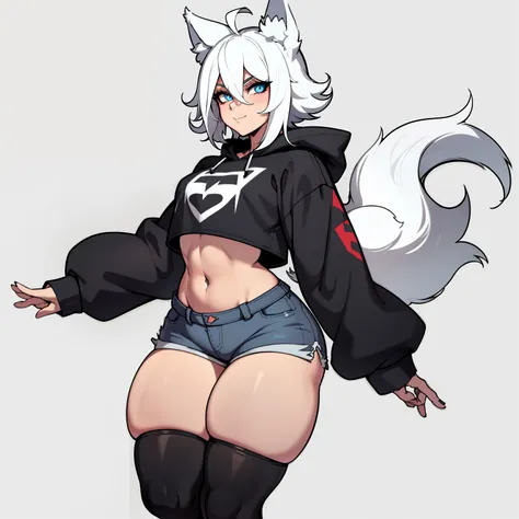 single boy, anime femboy, short, long white hair, wolf ears, wolf tail, blue eyes, wearing jean short shorts, thigh high socks, ...