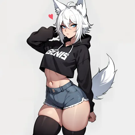 single boy, anime femboy, short, long white hair, wolf ears, wolf tail, blue eyes, wearing jean short shorts, thigh high socks, ...