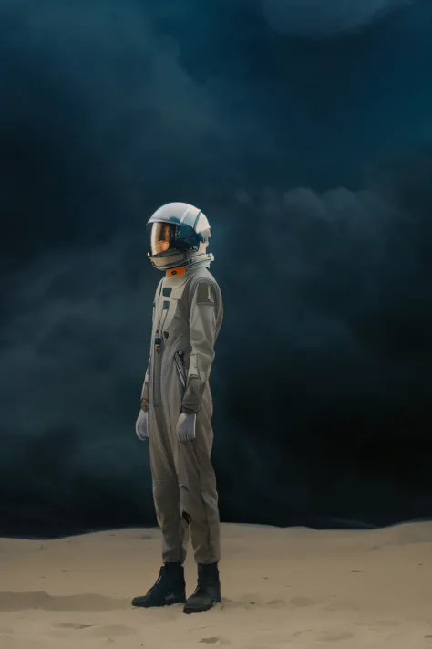 there is a man in a space suit standing in the sand, astronaut lost in liminal space, small astronaut looking up, portrait of an astronaut, spaceman standing looking, wearing a spacesuit and helmet, dusty space suit, portrait of astronaut, portrait of an a...