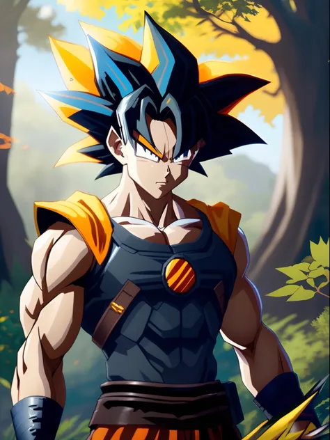 Fking_Scifi_v2, Retrato de un joven guerrero goku (dragon ball) muy guapo, tatuado, cuerpo tatuado, pelo amarillo frente a un bosque lleno de humo, Pose de en guardia, victoria y actitud.