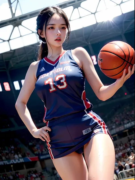 (8K, Raw photo, Best Quality, masutepiece:1.2), (Realistic, Photorealsitic:1.37),1 girl,Beautiful,Powerful, (Solo),A detailed face, Dramatic Angle,
Shoot the ball,Basketball Uniform ,Sports, Look away,Sporty,Wet skin,Sweat,Large breasts,nice legs,basketbal...