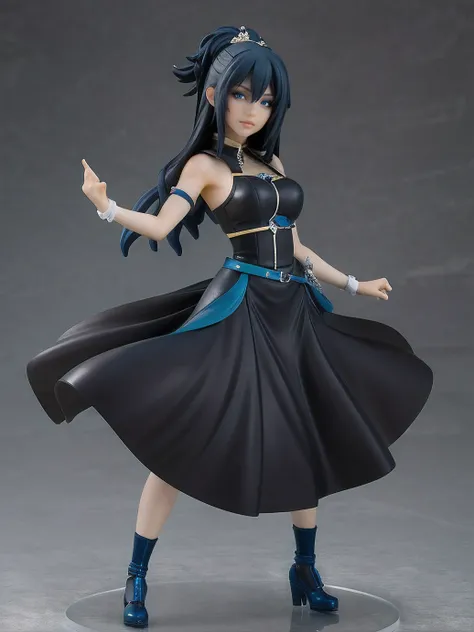 (masterpiece:1.2, best quality), (real picture, intricate details), 1girl, solo, long dark blue flowing hair, ((dark blue hair)), black dress, pop up parade figure, beautiful anime face, gorgeous, evil goddess, sadistic smile, Shunya Yamashita, KOTOBUKIYA,...