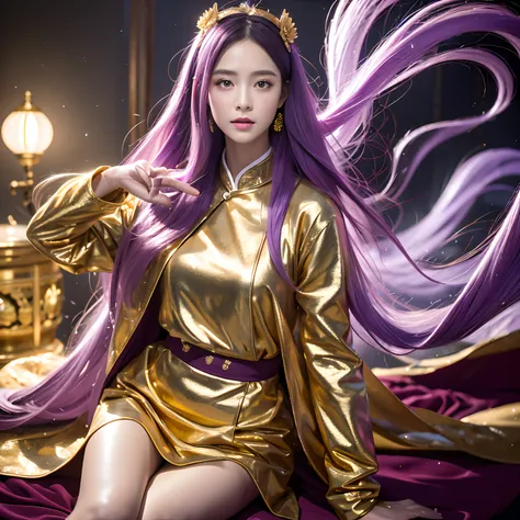 32K（tmasterpiece，k hd，hyper HD，32K）Long flowing lilac hair，Back basement，zydink， a color，  Haizhou people （Raised sexy）， （Burgundy silk scarf）， Combat posture， looking at the ground， long whitr hair， Floating cloves， Fire cloud pattern light gold headdress...