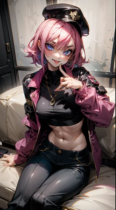 artistic, 1girl,badass, ((tongue out)), (cap), jacket,open jacket, no shirt, no_bra, exposed abdomen, defined abdomen, sexy, sensual, agressive, perfect face, expressive eyes, superior, style, stylish, stylish cothes, cool, dynamic, ring, jewel, neck chain...