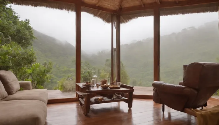 Vista interior da casa de madeira com grande janela de vidro com vista para uma floresta, The weather is heavy rain, agua escorre no vidro, clima frio, nem nome, Floresta densa fora, lareira com fogo baixo, livros na estante, wooden table with cups of hot ...