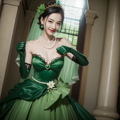 Boyish very short black hair, lipsticks, Japan woman smiling, Long green gloves made of satin material, emerald tiara, Pearl Necklace, verd s eyes, Green eyes, huge tit