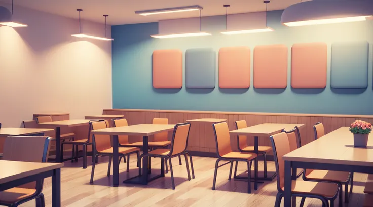 3D render cute college dining-hall, kids cartoon style, high detailed textures, soft smooth textures, colorful gradient in background.