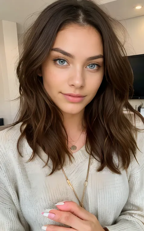 beautiful brunette wearing light beige sweater (taking care of nails in a modern beauty salon), very detailed, 21 years old, innocent face, natural wavy hair, blue eyes, high resolution, masterpiece, best quality, intricate details, highly detailed, sharp ...