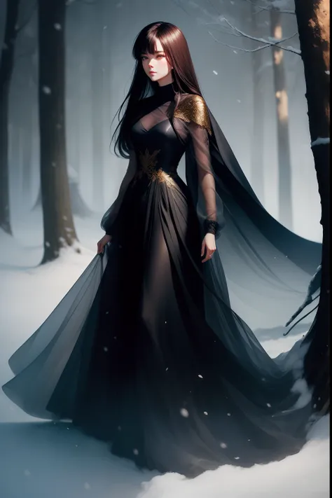 Winter in the misty forest，In the snow stood a lady in a long black tulle dress, Brunette lady with luminous flowing tulle dress, turtleneck dress，inspired by Igor Kieryluk, It is covered with a long thick cloak，It is topped with tender apricots and gold t...