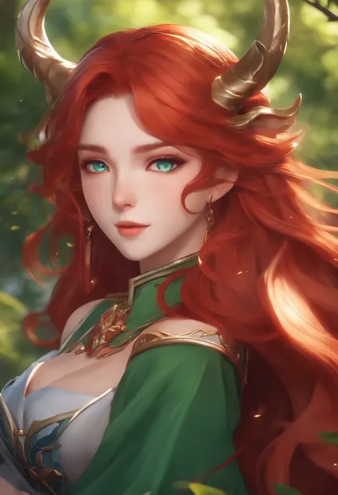 a female genshin impact character, long red hair, blue eyes, liyue style, green outfit, dendro vision, anime, nature, horns