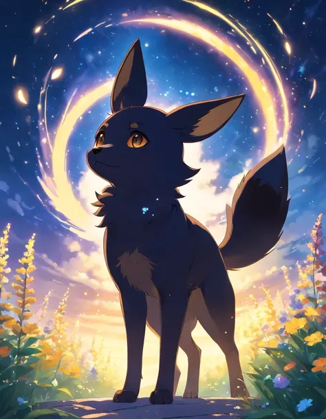 (best quality, masterpiece), Umbreon, pose, particle, wind, flower, simple background, looking at viewer, night, cosmic, nebulas, galaxy