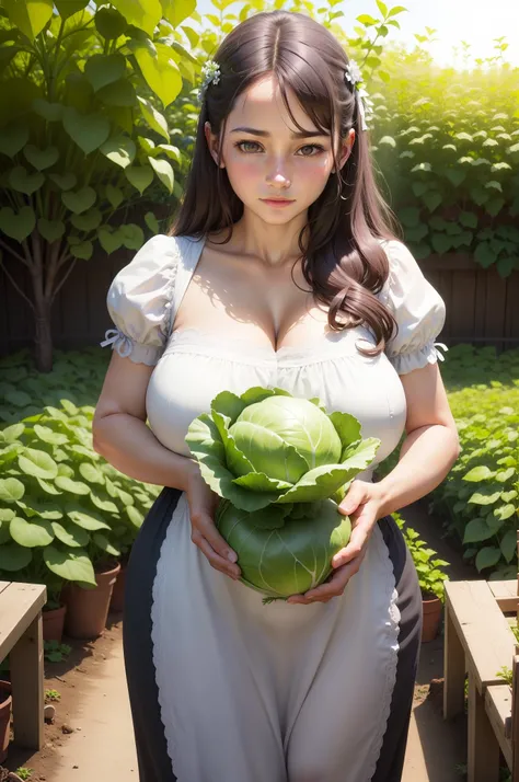 A nursing woman holds a bunch of cabbage in the garden, confident storage of vegetables, she is about 16 years old, she is about 20 years old, She is about 20 years old, Huge flowers, She is the center of the garden, Permaculture, she is about 2.5 years ol...