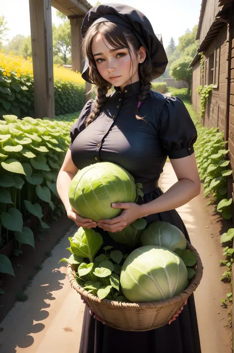 A nursing woman holds a bunch of cabbage in the garden, confident storage of vegetables, she is about 16 years old, she is about 20 years old, She is about 20 years old, Huge flowers, She is the center of the garden, Permaculture, she is about 2.5 years ol...