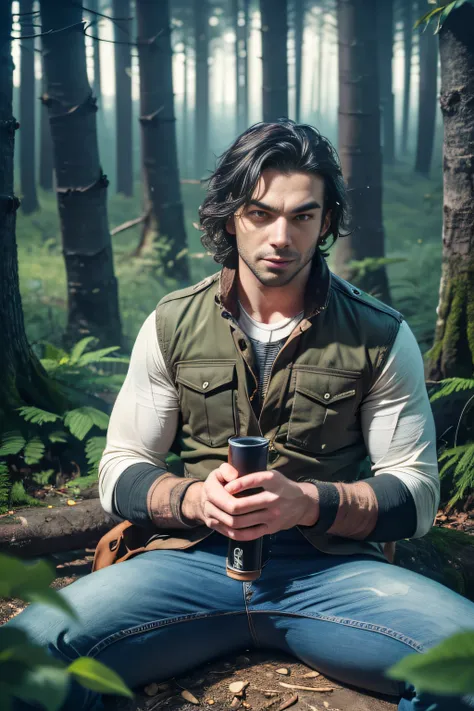 30 year old man,Brutal,Jeans,woods, Its dark night, camp fire, game is fried, Hunter in the woods, Serious, Aidan Turner (A detailed eye:1.3),BazleColor Eye,full bodyesbian