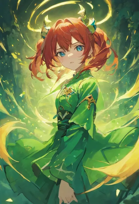 a female genshin impact character, long red hair, blue eyes, liyue style, green outfit, dendro vision, anime, nature, horns