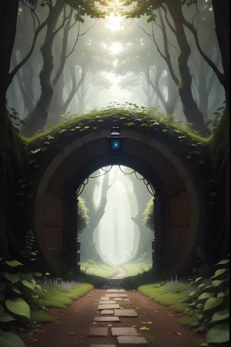 A detailed digital painting of a magical forest portal, feito de madeira, com baixa altura, que uma pessoa passe agachada, not too high, with a hint of the strange and wonderful world beyond. but ground covered by small creeping plants, sem nenhuma estrada...