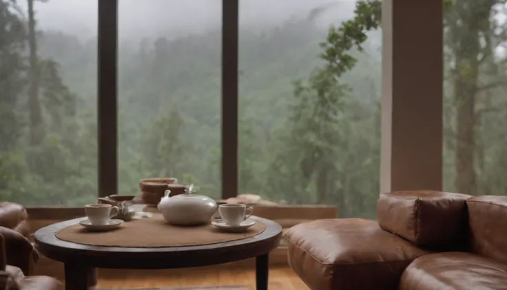 Vista interior da casa de madeira com grande janela de vidro com vista para uma floresta, The weather is heavy rain, agua escorre no vidro, clima frio, nem nome, Floresta densa fora, lareira com fogo baixo, livros na estante, wooden table with cups of hot ...