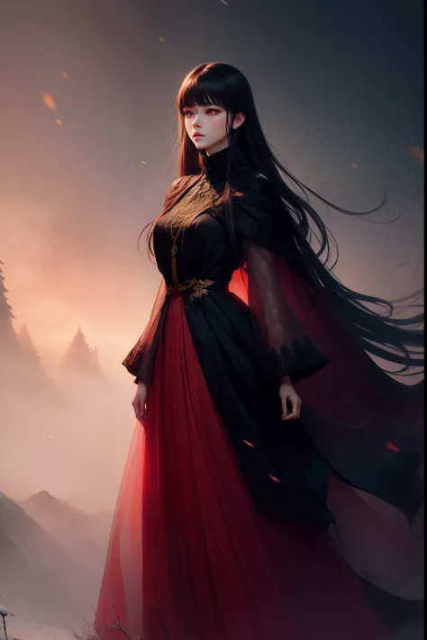 Winter in the misty forest，In the snow stood a lady in a long red tulle dress，Brunette lady with glowing flowing tulle dress, High neck with flowing dress，inspired by Igor Kieryluk, It is covered with a long, thick cloak，It is embroidered with gold and bla...