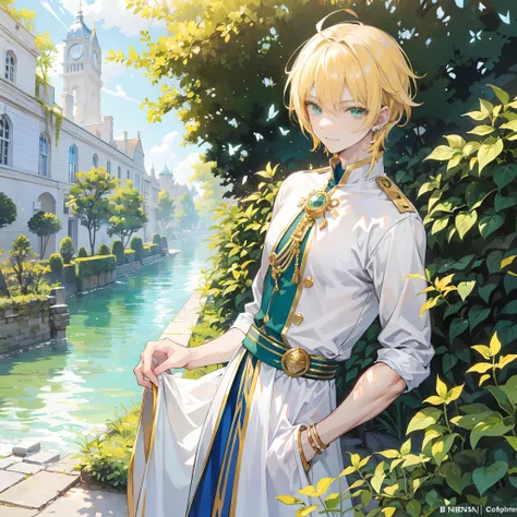 anime boy,tall,lean,muscular,white royal uniiform,golden hair,green eyes,piercing on his ear,looking at viewer with a warm smile,sunny background,handsome