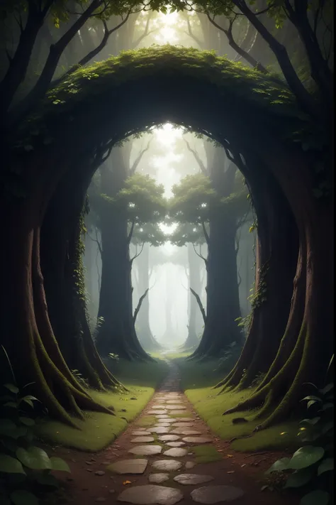 A detailed digital painting of a magical forest portal, with a hint of the strange and wonderful world beyond. but ground covered by small creeping plants, sem nenhuma estrada de pedras ou escadas, apenas plantas para caminhar. and in the middle of the por...