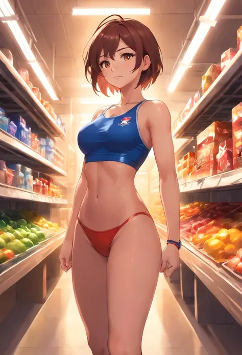 Longos cabelos ruivos e olhos vermelhos，Fantasia ocidental，roupas brancas e azuis，Meias brancas，animemanga menina，Lagos，espanto, mid hair, retrato de corpo inteiro, Wearing Captain Marvel Outfit, sexy, decote, breasts on display , fotografia editorial de u...