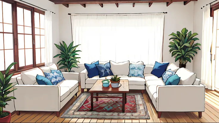 Room with large windows and plants behind, Large L-shaped sofa in front of window Colorful Moroccan rug on plain ivory-colored wool rug Exotic wooden plank floor White linen curtains from ceiling