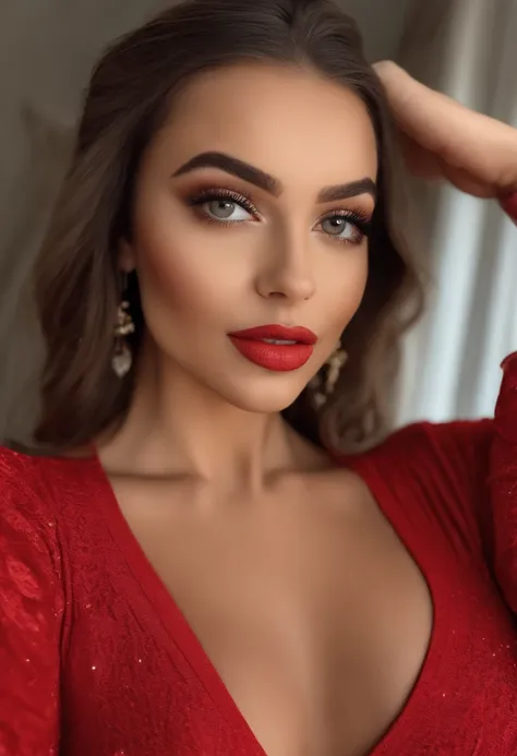 mulher arafed com vestido vermelho, Menina sexy com olhos castanhos, Retrato Sophie Mudd, cabelos castanhos e olhos grandes, selfie de uma jovem mulher, Olhos do quarto, Violeta Myers, sem maquiagem, maquiagem natural, Looking directly at the camera, Rosto...