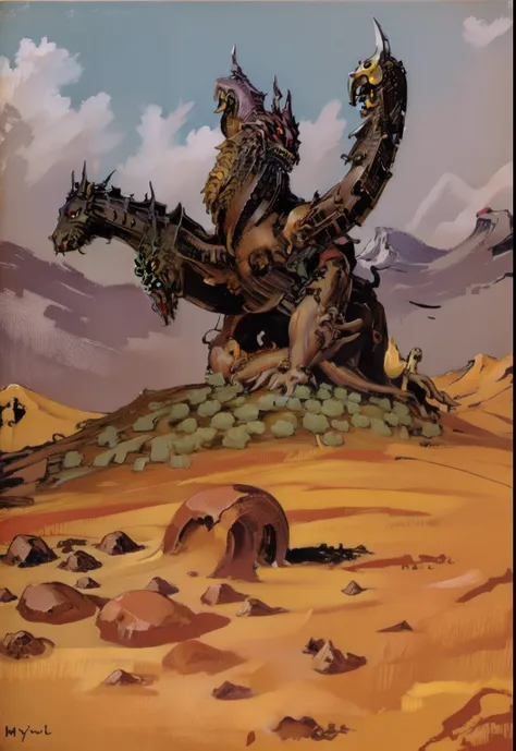 Scary oil paint of a monster beast hydra over a hill