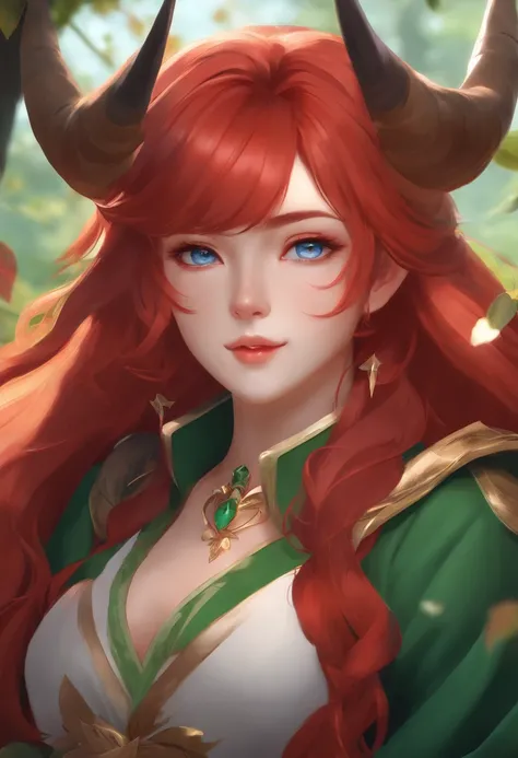 a female genshin impact character, long red hair, blue eyes, liyue style, green outfit, dendro vision, anime, nature, horns