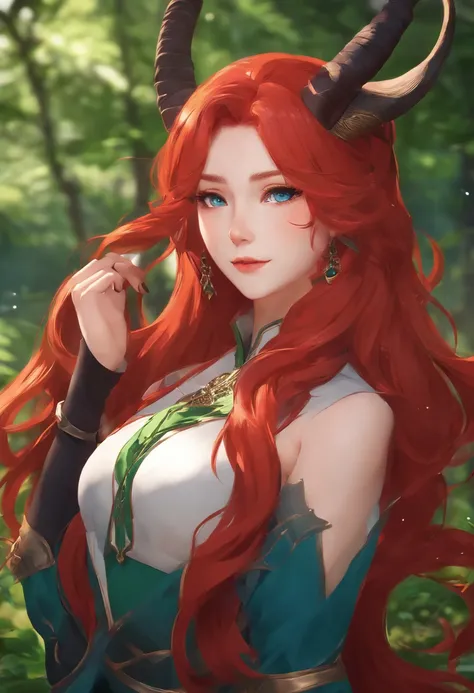 a female genshin impact character, long red hair, blue eyes, liyue style, green outfit, dendro vision, anime, nature, horns