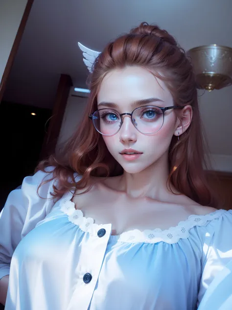 Beauty face angel , ginger hair, round glasses, eyes color brown