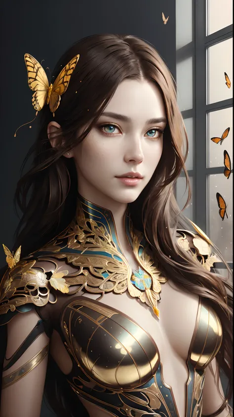 8k portrait of beautiful cyborg with brown hair, intricate, elegant, highly detailed, majestic, digital photography, art by artgerm and ruan jia and greg rutkowski surreal painting gold butterfly filigree, broken glass, (masterpiece, sidelighting, finely d...