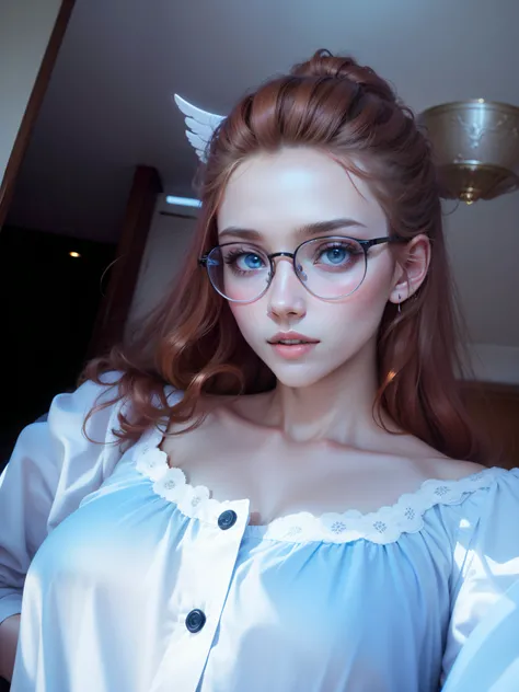 Beauty face angel , ginger hair, round glasses, eyes color brown