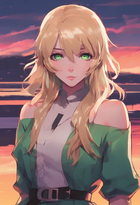 Create an 8K UHD digital painting featuring an anime girl with blonde hair and green eyes (resembling Wlop, Artgerm, and Kuvshinov). She happily points at the vibrant, cloudy sunset. Ensure the artwork is of ultra-high quality and vivid colors