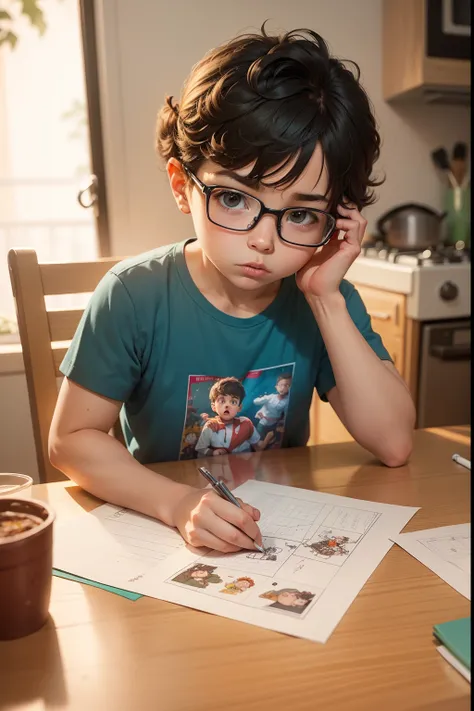 menino em cartoon inspirado em desenho animado moreno com aparencia de ter 6 anos lendo uma carta em um fundo de uma cozinha perto de uma mesa feita de madeira com detalhes