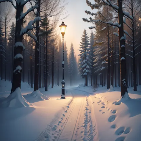 Street lamp on the edge of a winter forest