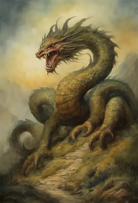 Scary oil paint of a monster beast hydra over a hill