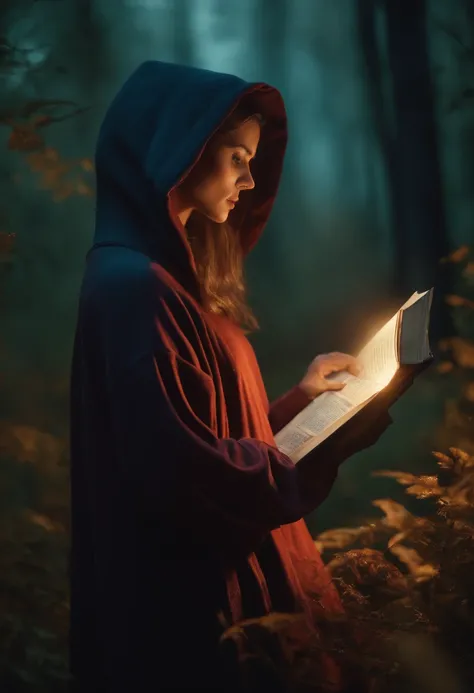 Fantasy scenario with a person in long clothes and hoodies holding a storybook