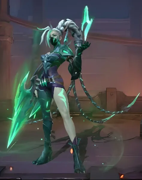 uma mulher com uma roupa escura segurando uma espada e uma luz verde, Dividido, chaos nightmare ❄️ amour venom, este personagem tem criocinese, menina necromante ciborgue santa, sigma female, jinx arcano, KDA, Um guerreiro esmeralda loiro, glowing green so...