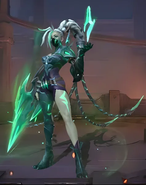 uma mulher com uma roupa escura segurando uma espada e uma luz verde, Dividido, chaos nightmare ❄️ amour venom, este personagem tem criocinese, menina necromante ciborgue santa, sigma female, jinx arcano, KDA, Um guerreiro esmeralda loiro, glowing green so...