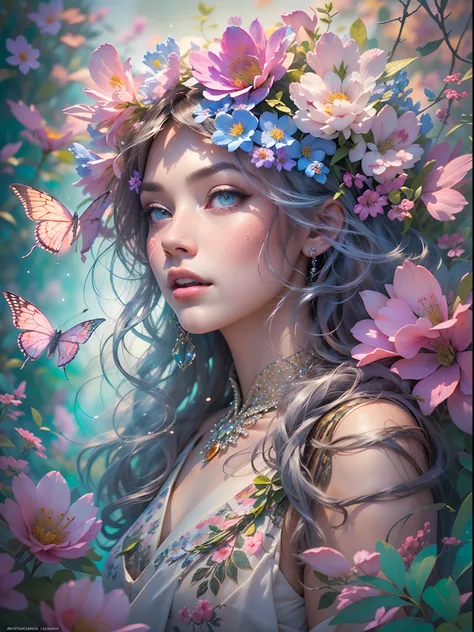 this artwork is dreamy and in the style of mythic fantasy, with soft watercolor hues in varying shades of pink, blue, and purple...